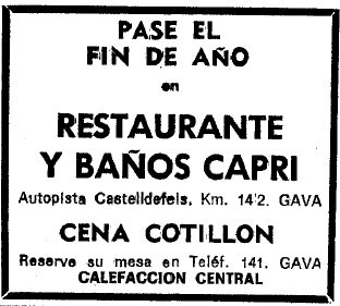 Anuncio del restaurante-balneario Capri de Gav Mar publicado en el diario La Vanguardia el 19 de Diciembre de 1971 anunciando la cena-cotilln de Fin de Ao
